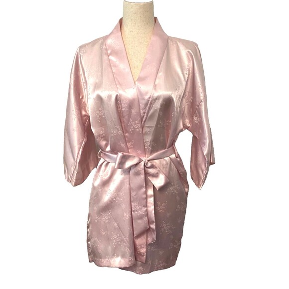 Vtg Frost Bros PINK Floral SATIN House Coat ROBE Short Mini Size Petite Small - Picture 1 of 8
